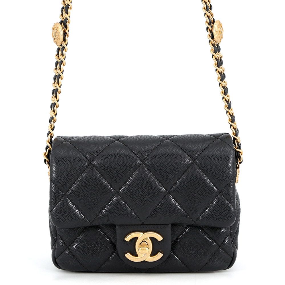 Chanel Chain Shoulder Bag Quilted CC Logo Coin Motif Caviar Leather Black