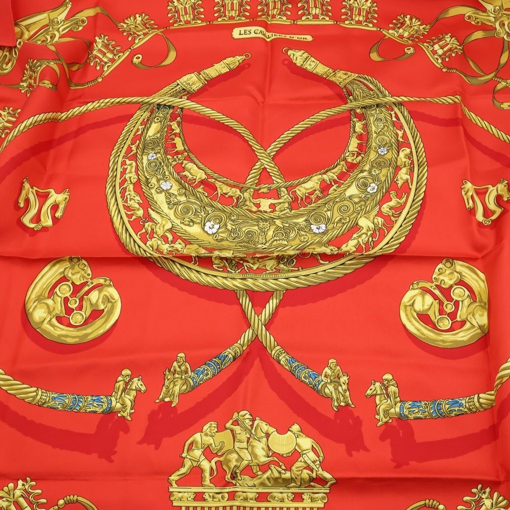 Hermes les Cavaliers Dor Yellow Knight of Gold 90 Silk Scarf Red — view 4