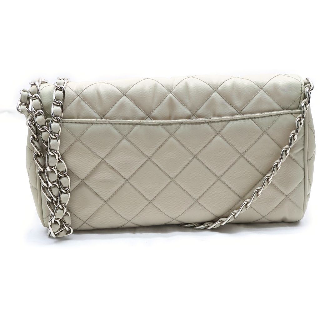 Prada Quilted Nylon Chain Shoulder Bag Back Beige Silver — view 2