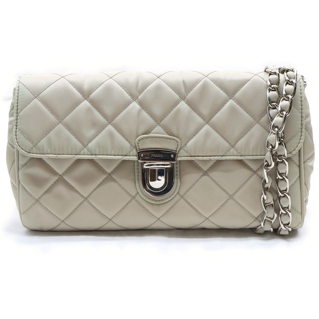 Prada Quilted Nylon Chain Shoulder Bag Back Beige Silver