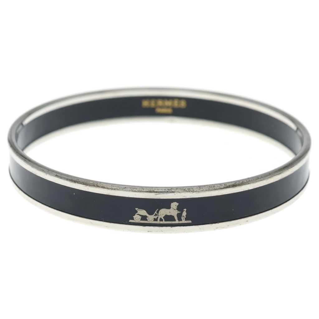 Hermes Enamel PM Caleche Bangle Bracelet Black Silver