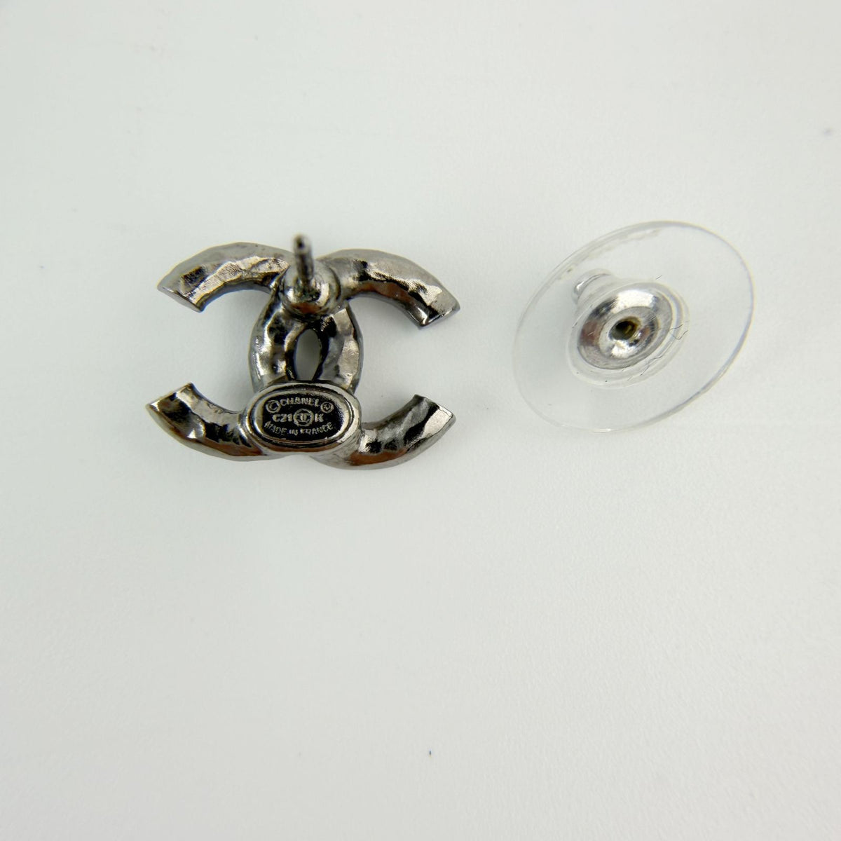 Chanel CC Logo Rhinestone Earrings Plated Silver Clear Vintage — view 4