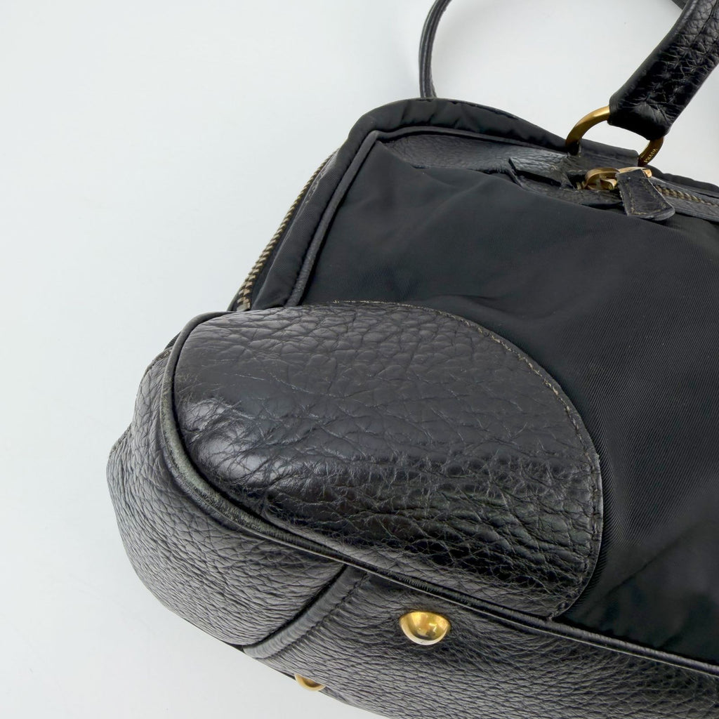 Prada Bowling Triangle Logo Leather Trim Shoulder Bag Nylon Black Gold Vintage — view 7