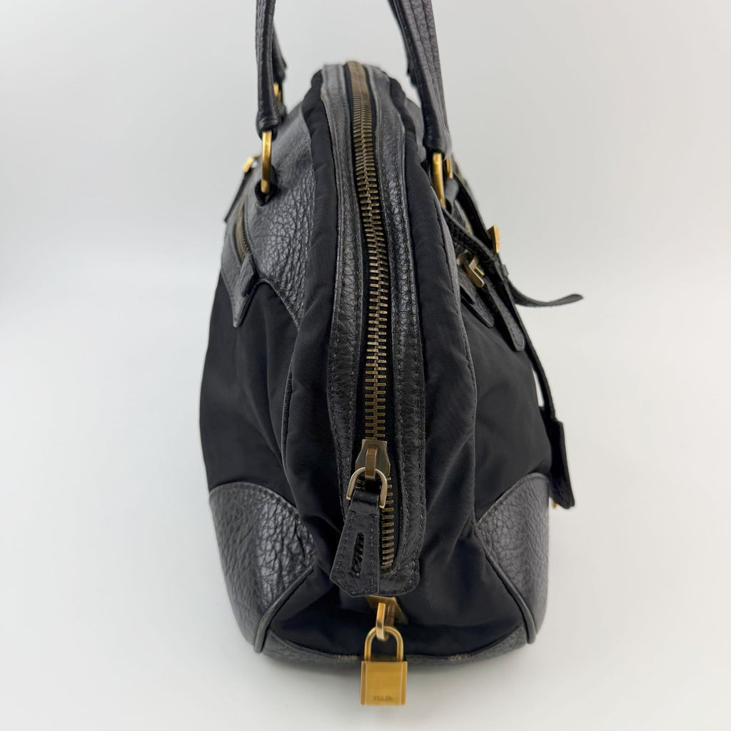 Prada Bowling Triangle Logo Leather Trim Shoulder Bag Nylon Black Gold Vintage — view 5