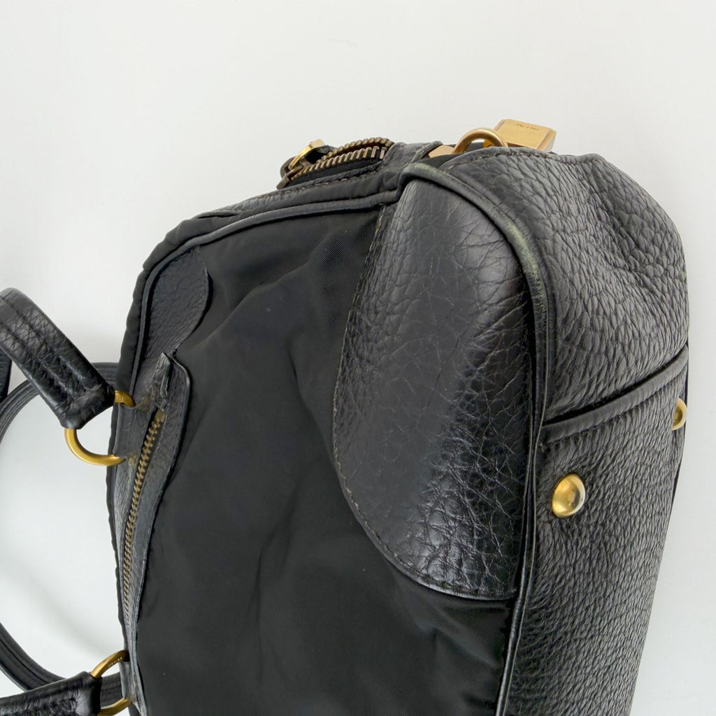 Prada Bowling Triangle Logo Leather Trim Shoulder Bag Nylon Black Gold Vintage — view 8