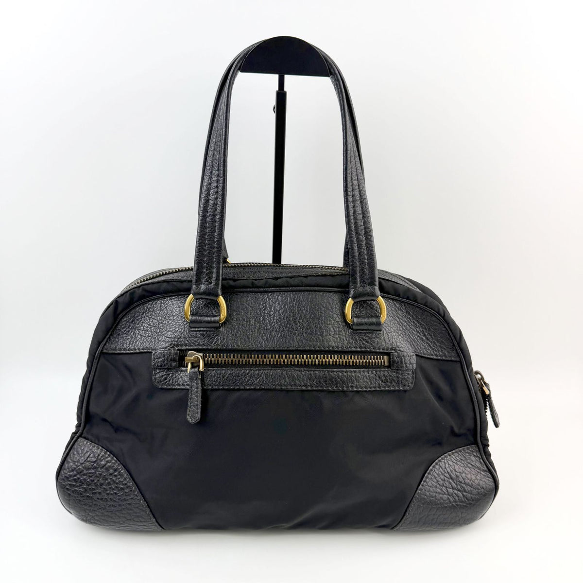 Prada Bowling Triangle Logo Leather Trim Shoulder Bag Nylon Black Gold Vintage — view 3