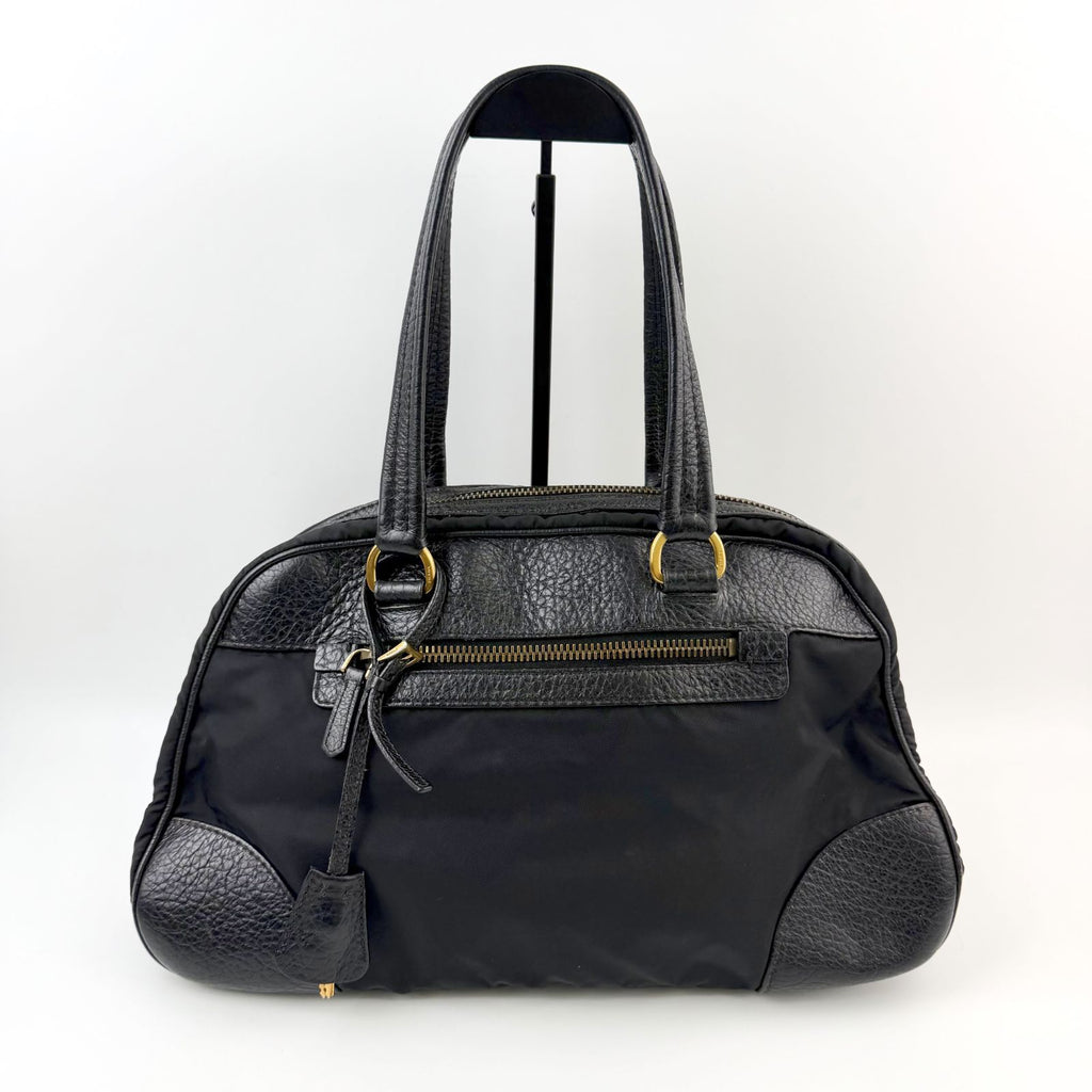Prada Bowling Triangle Logo Leather Trim Shoulder Bag Nylon Black Gold Vintage — view 2