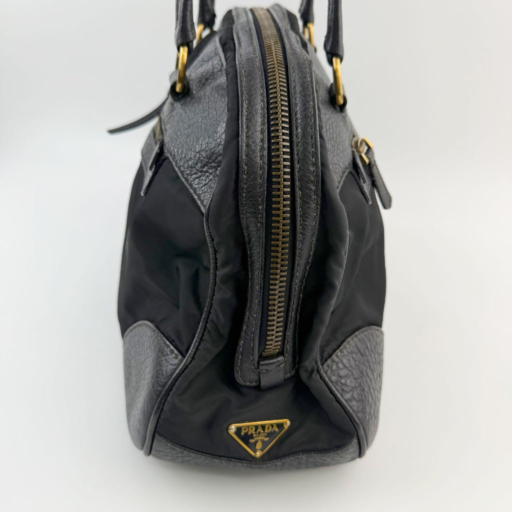 Prada Bowling Triangle Logo Leather Trim Shoulder Bag Nylon Black Gold Vintage — view 4