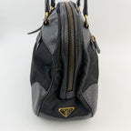 Prada Bowling Triangle Logo Leather Trim Shoulder Bag Nylon Black Gold Vintage — view 4