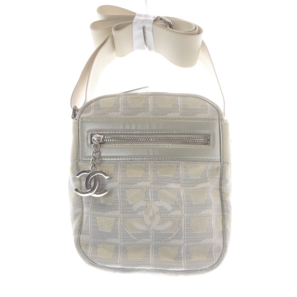 Chanel New Travel Line CC Logo Canvas Shoulder Bag Gray Beige