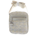 Chanel New Travel Line CC Logo Canvas Shoulder Bag Gray Beige