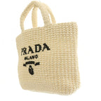 Prada Handbag Raffia Logo Braid Bicolor Triangle Plate White Black — view 2