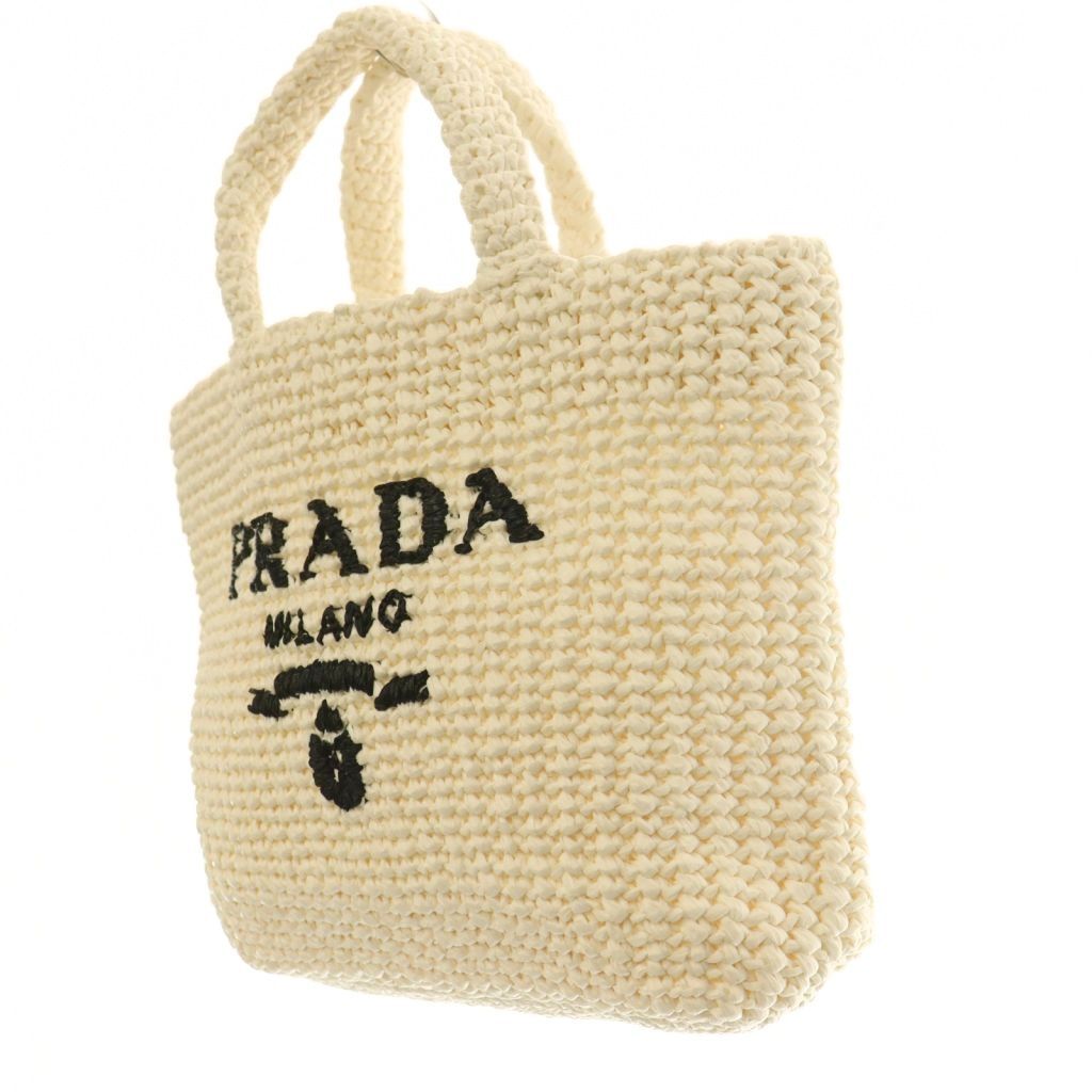 Prada Handbag Raffia Logo Braid Bicolor Triangle Plate White Black — view 2
