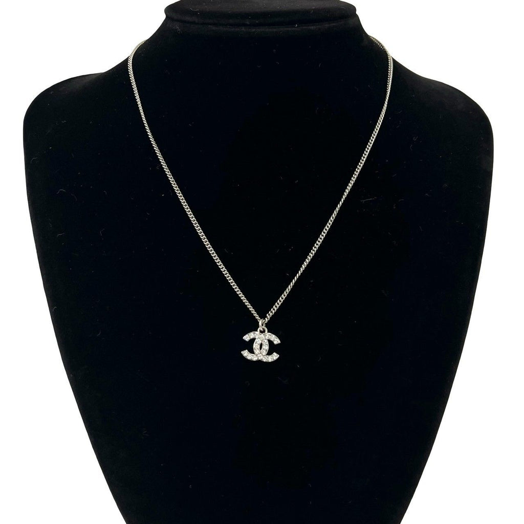 Chanel CC Logo Metal Rhinestone Necklace Silver — view 2