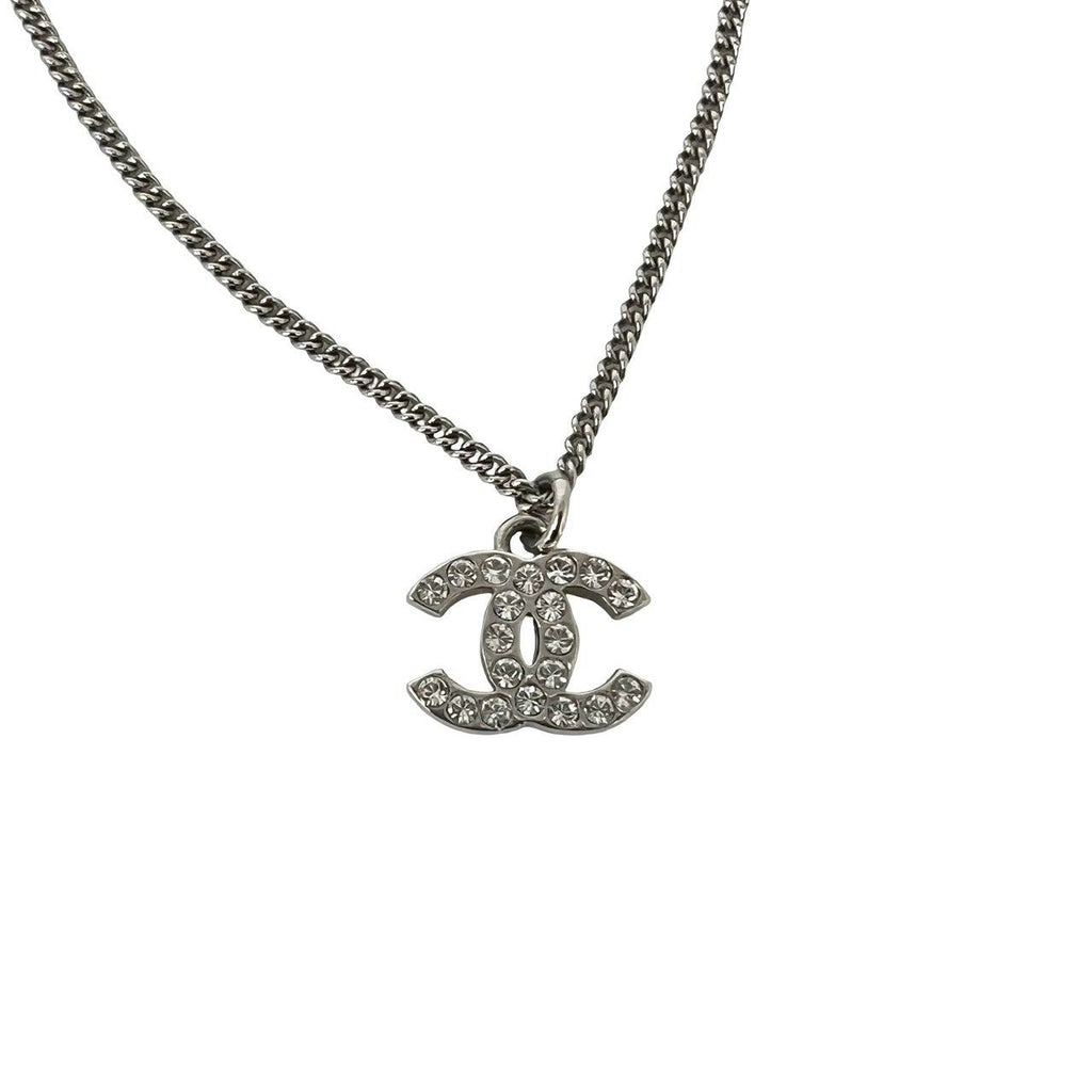 Chanel CC Logo Metal Rhinestone Necklace Silver — view 4