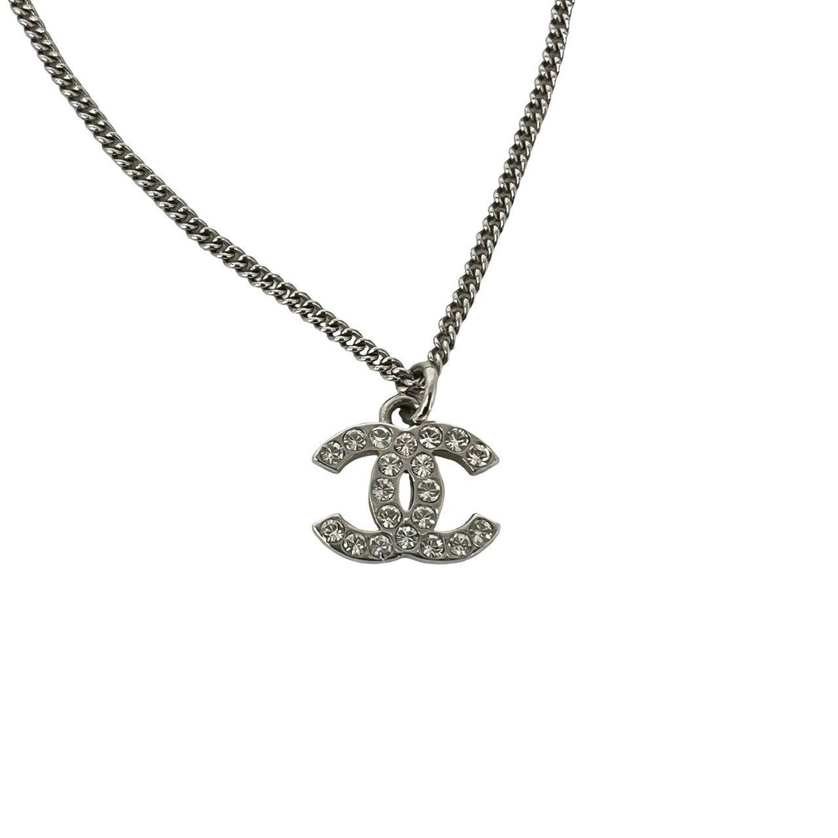 Chanel CC Logo Metal Rhinestone Necklace Silver — view 4
