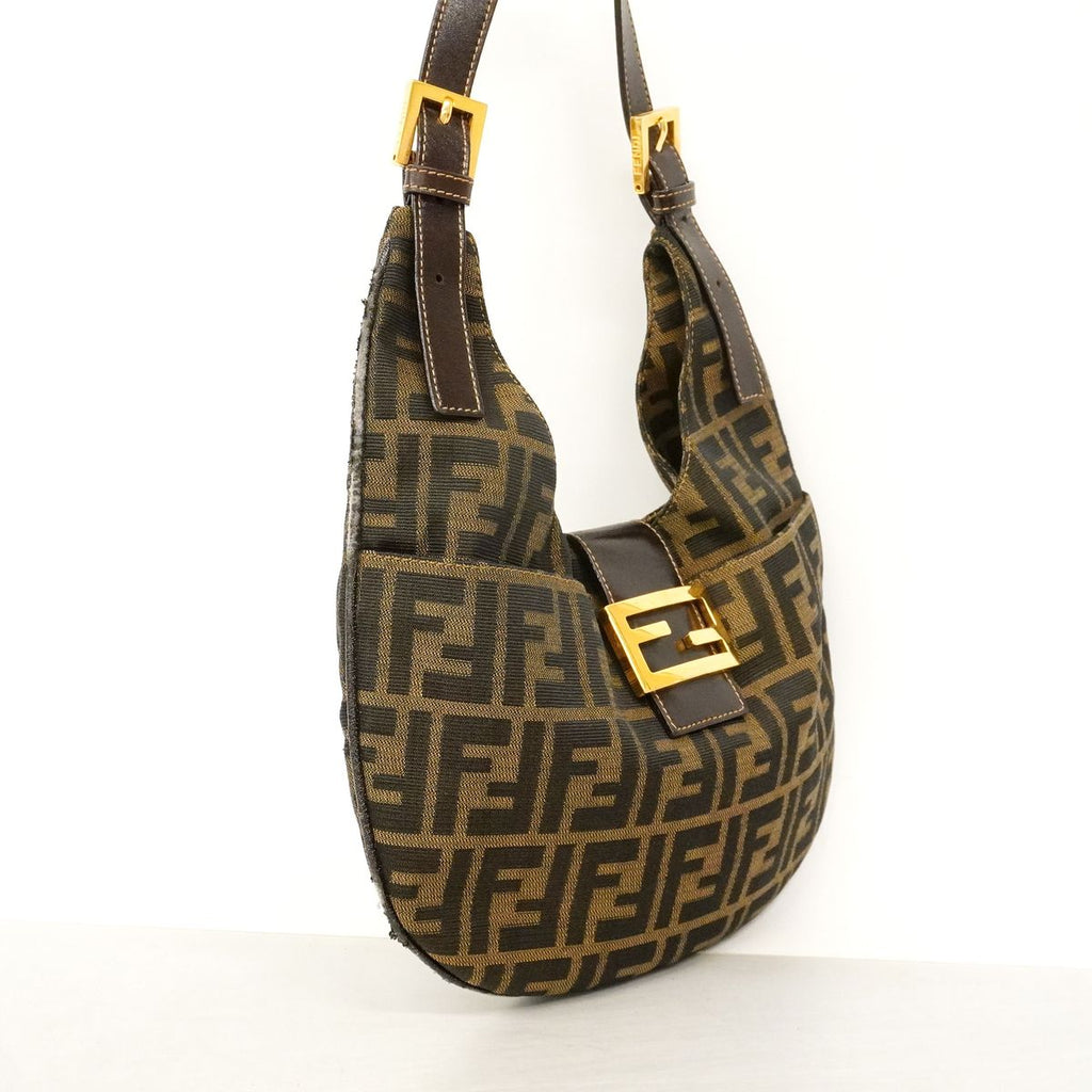 Fendi Shoulder Bag Zucca Nylon Canvas Brown Gold — view 2