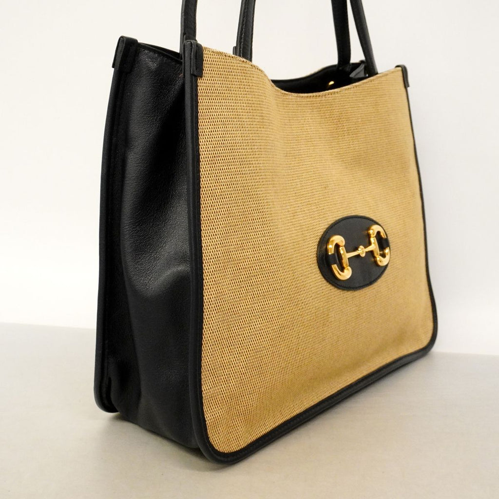 Gucci Tote Bag Horsebit Canvas Leather Beige Navy Gold — view 2