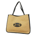 Gucci Tote Bag Horsebit Canvas Leather Beige Navy Gold
