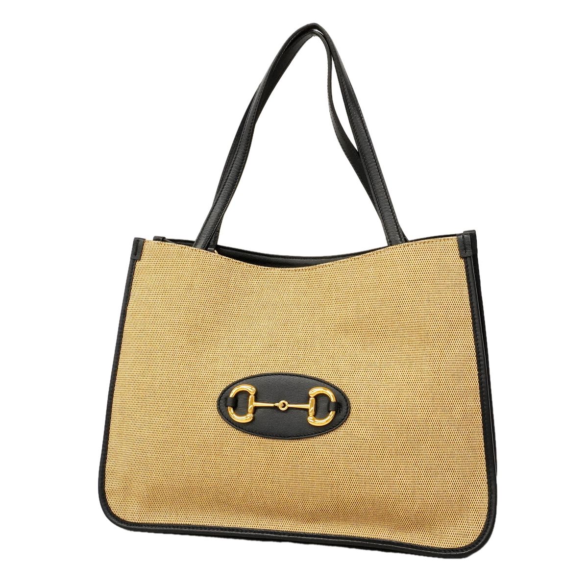 Gucci Tote Bag Horsebit Canvas Leather Beige Navy Gold