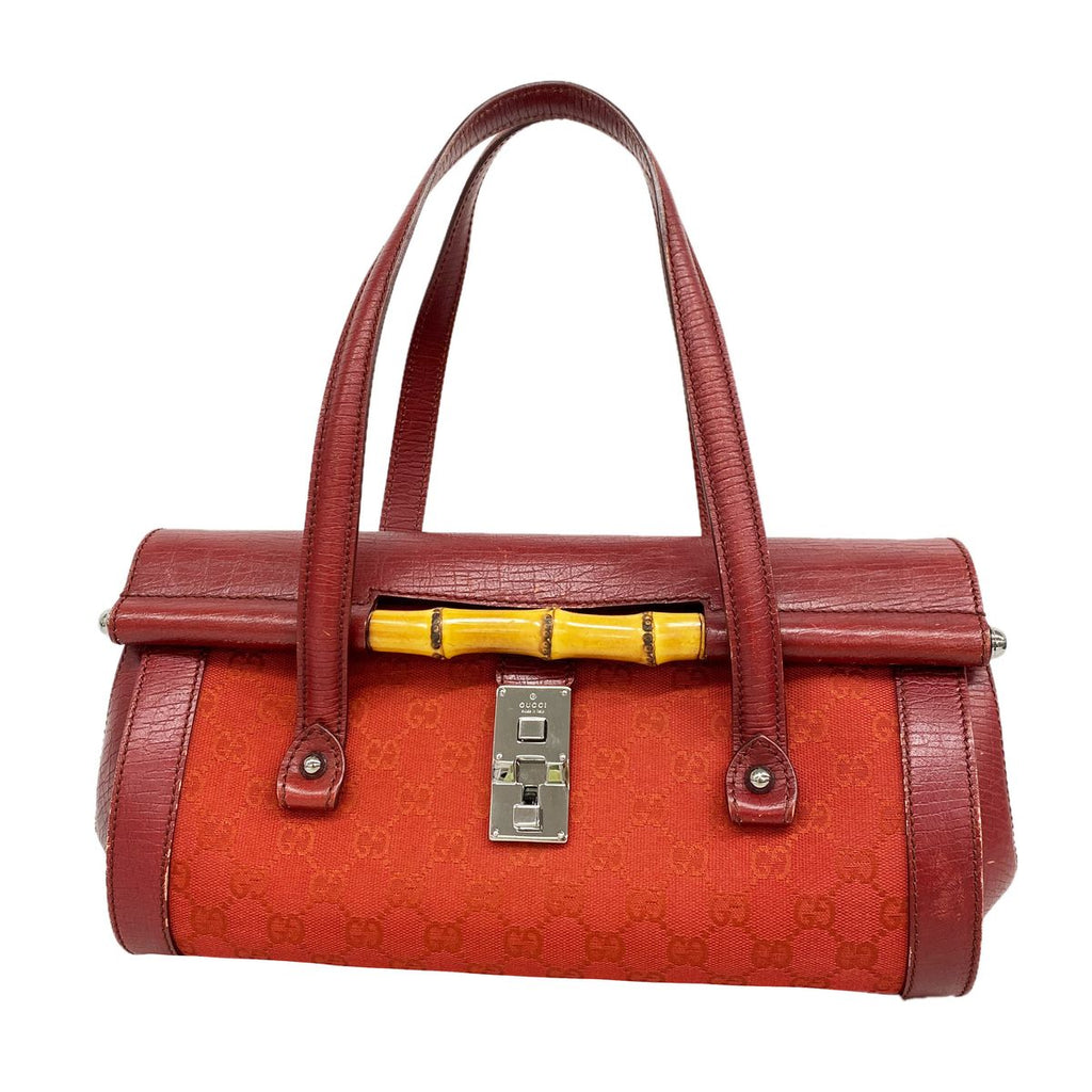 Gucci Handbag GG Canvas Bamboo Red Silver