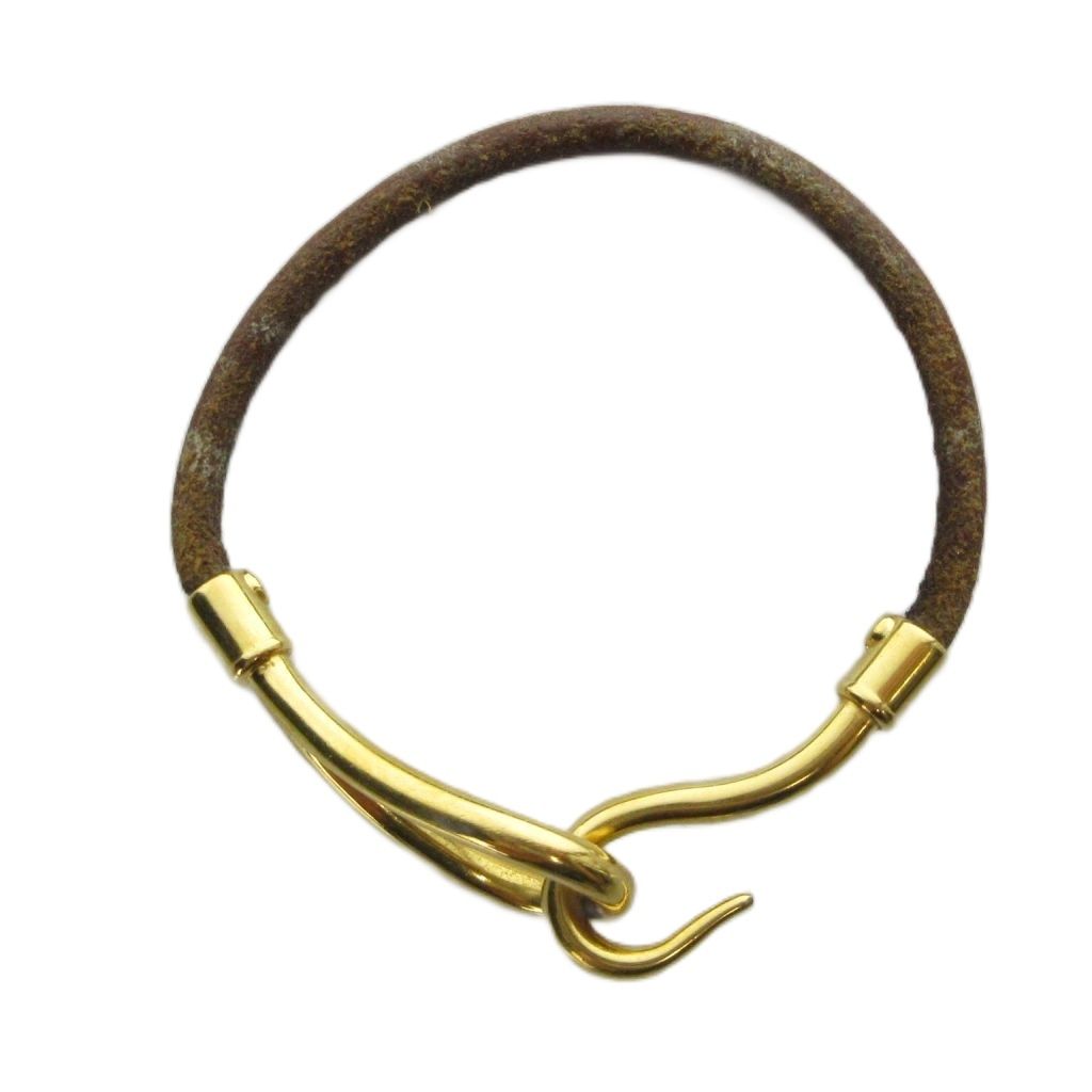Hermes Jumbo Bracelet Bangle Logo Leather Brown Gold — view 5
