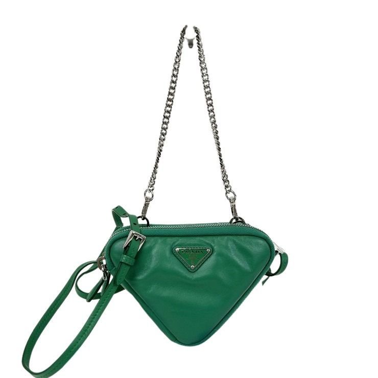 Prada Shoulder Bag Triangle Mini Green Leather Chain Silver