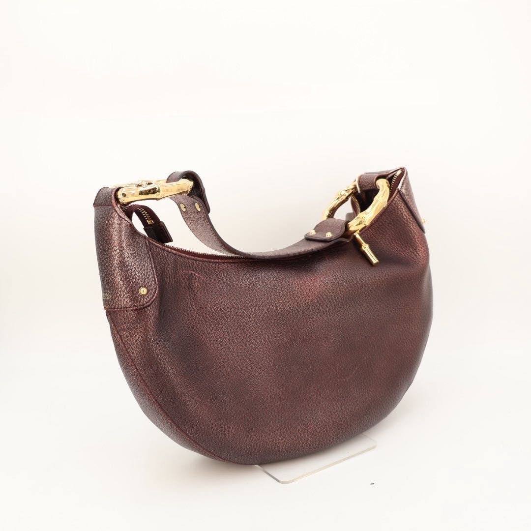 Gucci Shoulder Bag Gunmetal Bordeaux Logo Leather Bamboo