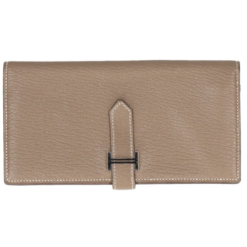 Hermes Bearn Soufflet Silver Leather Wallet