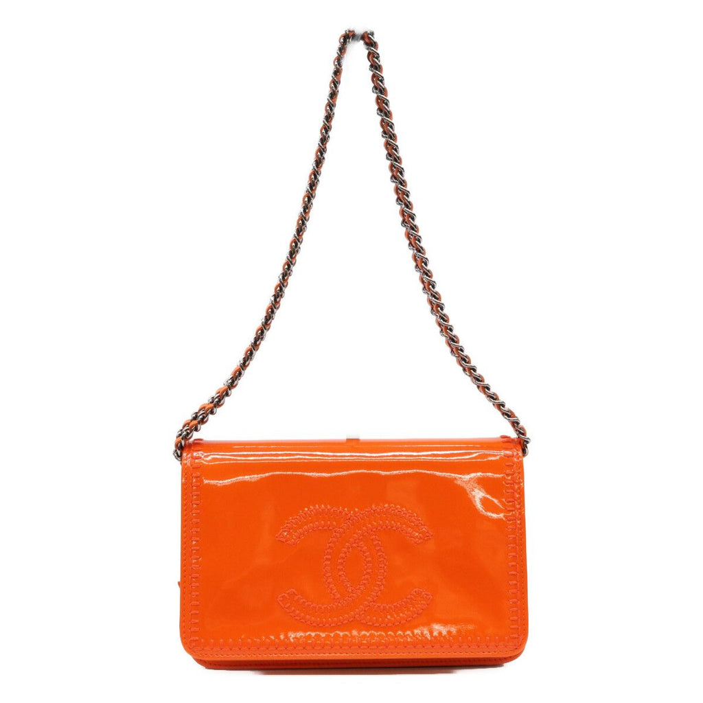 Chanel Orange CC Logo Stitch Patent Chain Wallet Shoulder Bag
