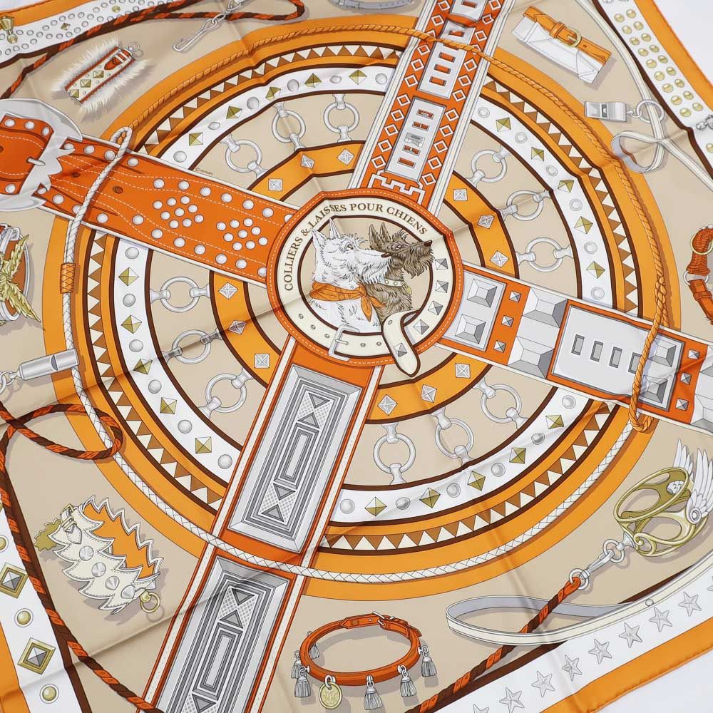 Hermes Carre 90 Tall and Collar Scarf Silk Orange Clair Arzan White — view 3