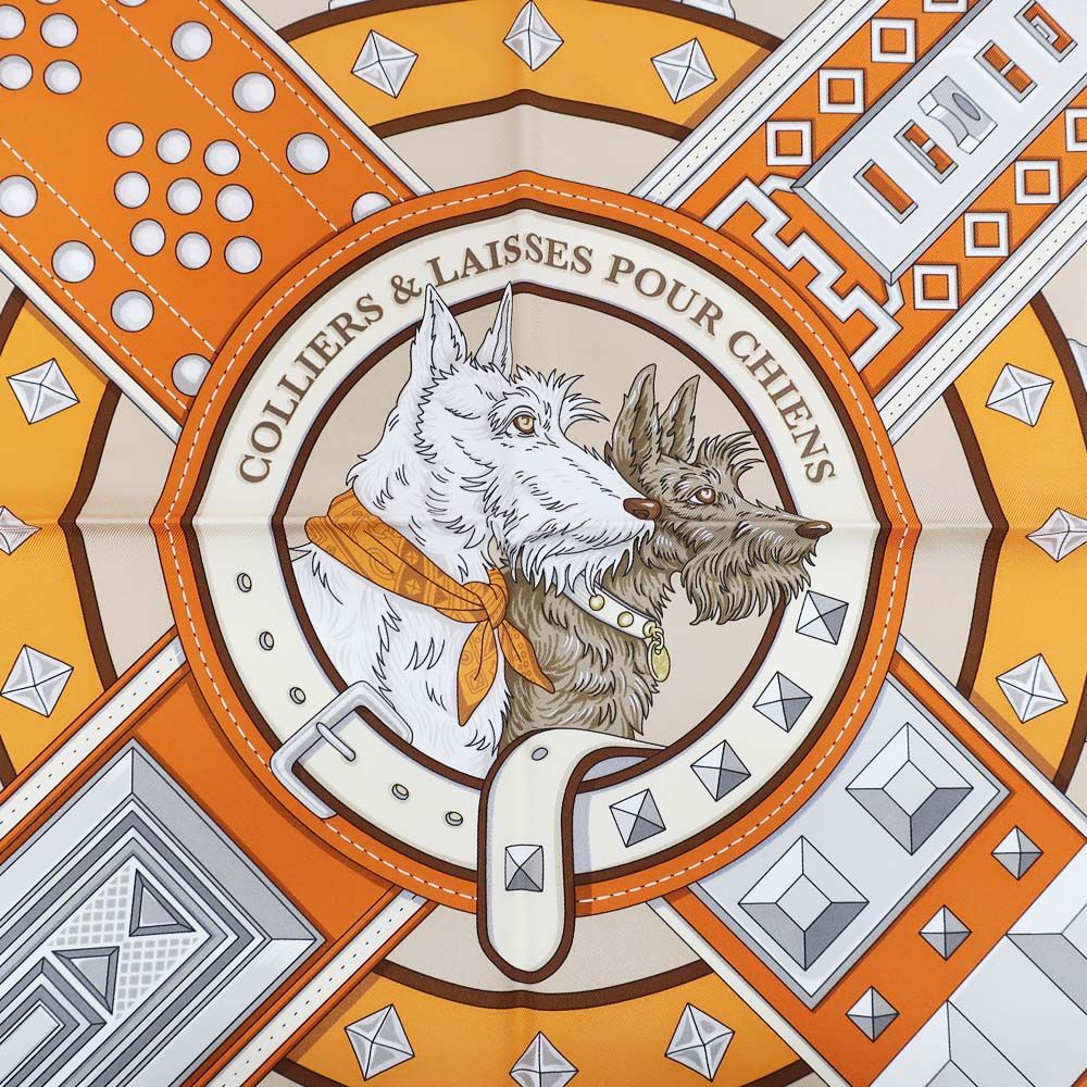 Hermes Carre 90 Tall and Collar Scarf Silk Orange Clair Arzan White — view 2