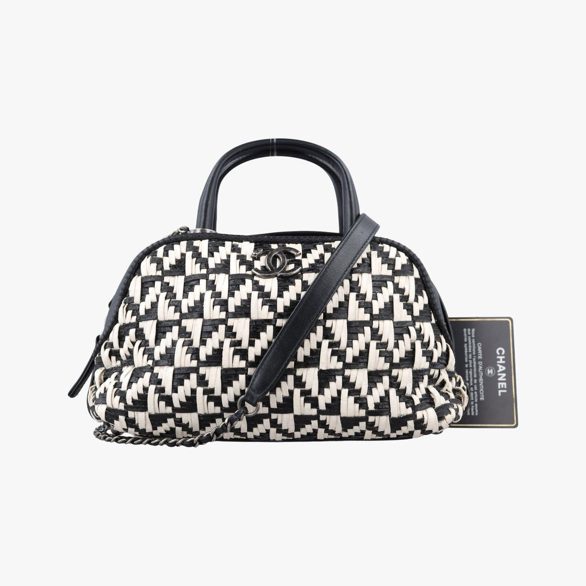 Chanel CC Woven Bowling White Black Leather