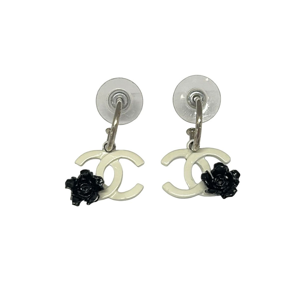 Chanel Earrings White Black CC Logo Camellia
