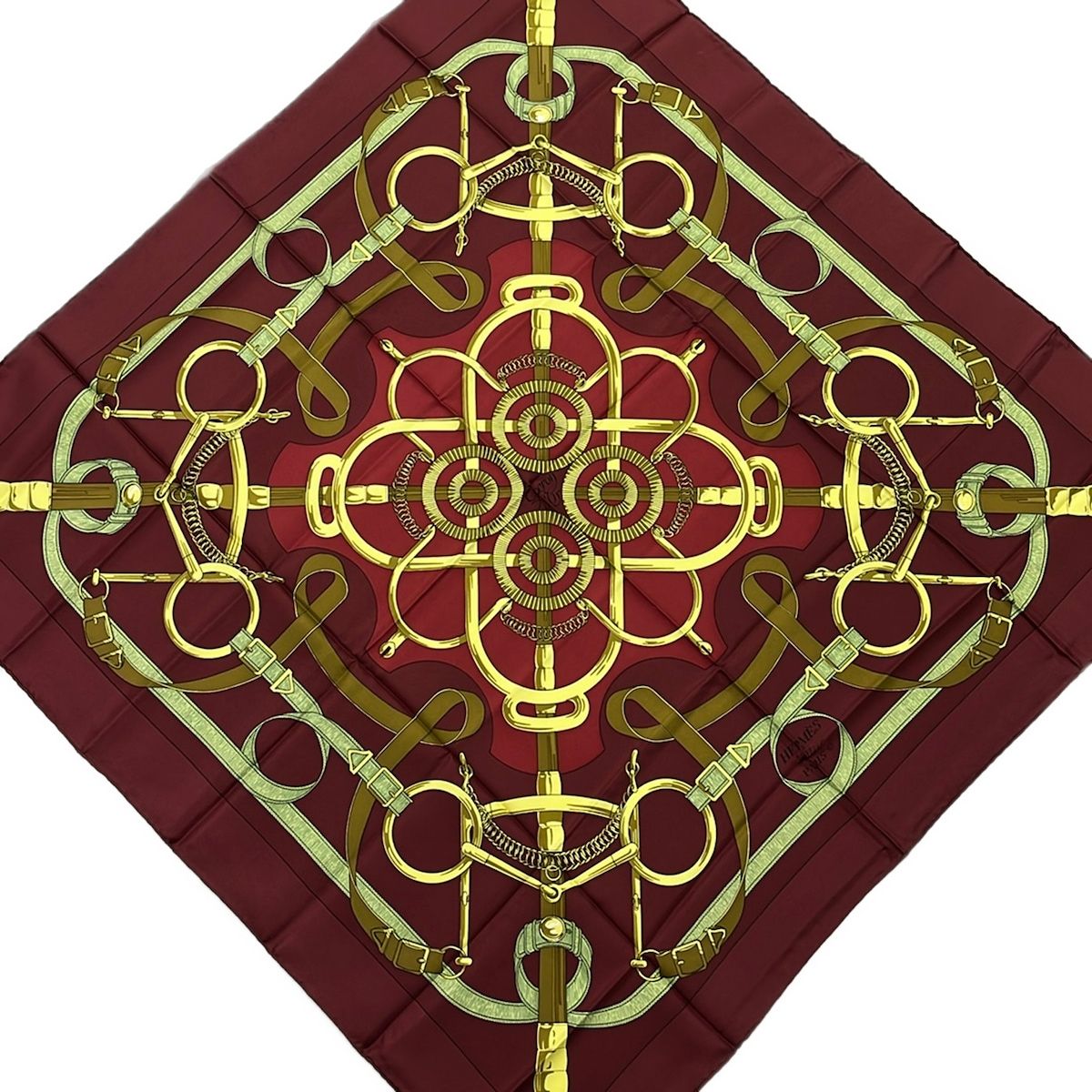 Hermes Scarf Carre 90 Bordeaux Yellow Multi Eperon D'or