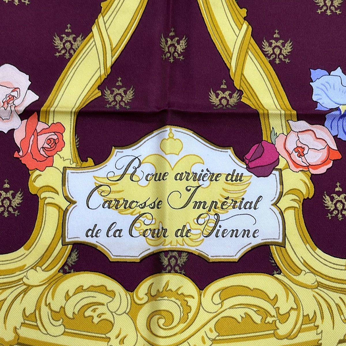 Hermes Scarf Carre 90 Bordeaux Yellow Multi Roue Arriere du Carrosse Imperial — view 5