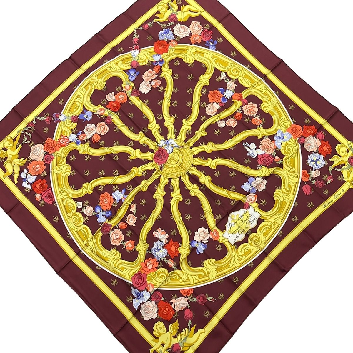 Hermes Scarf Carre 90 Bordeaux Yellow Multi Roue Arriere du Carrosse Imperial