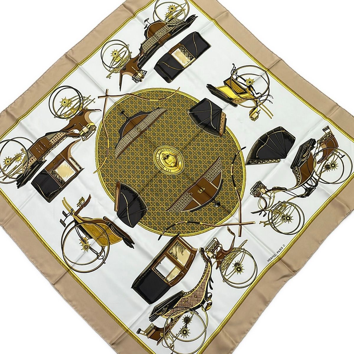 Hermes Scarf Carre 90 White Beige Multi les Voitures Transformation