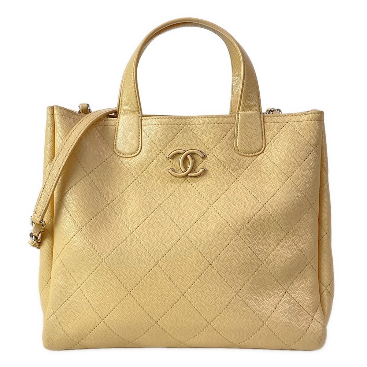 Chanel Shoulder Bag Beige Chain 2-Way Silver