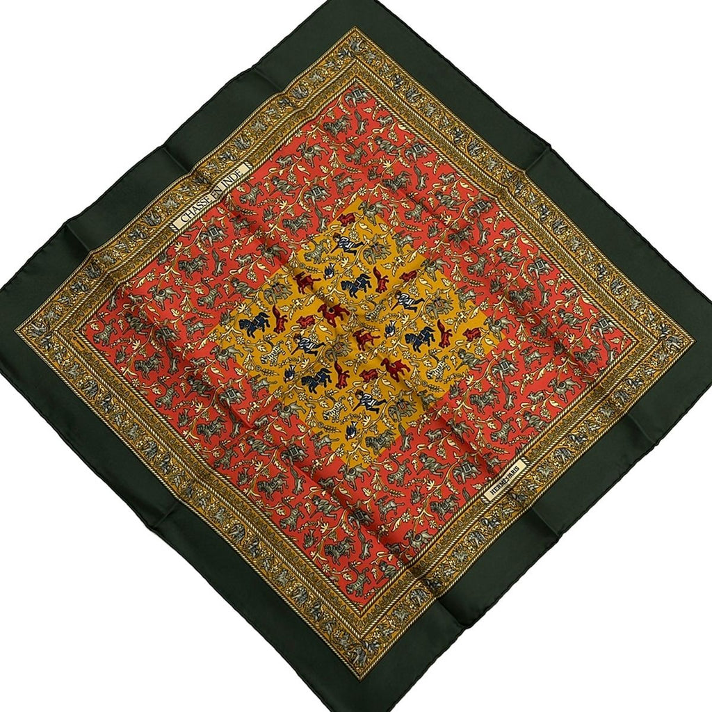 Hermes Scarf Petit Carre Red Khaki Multi Chasse en Inde