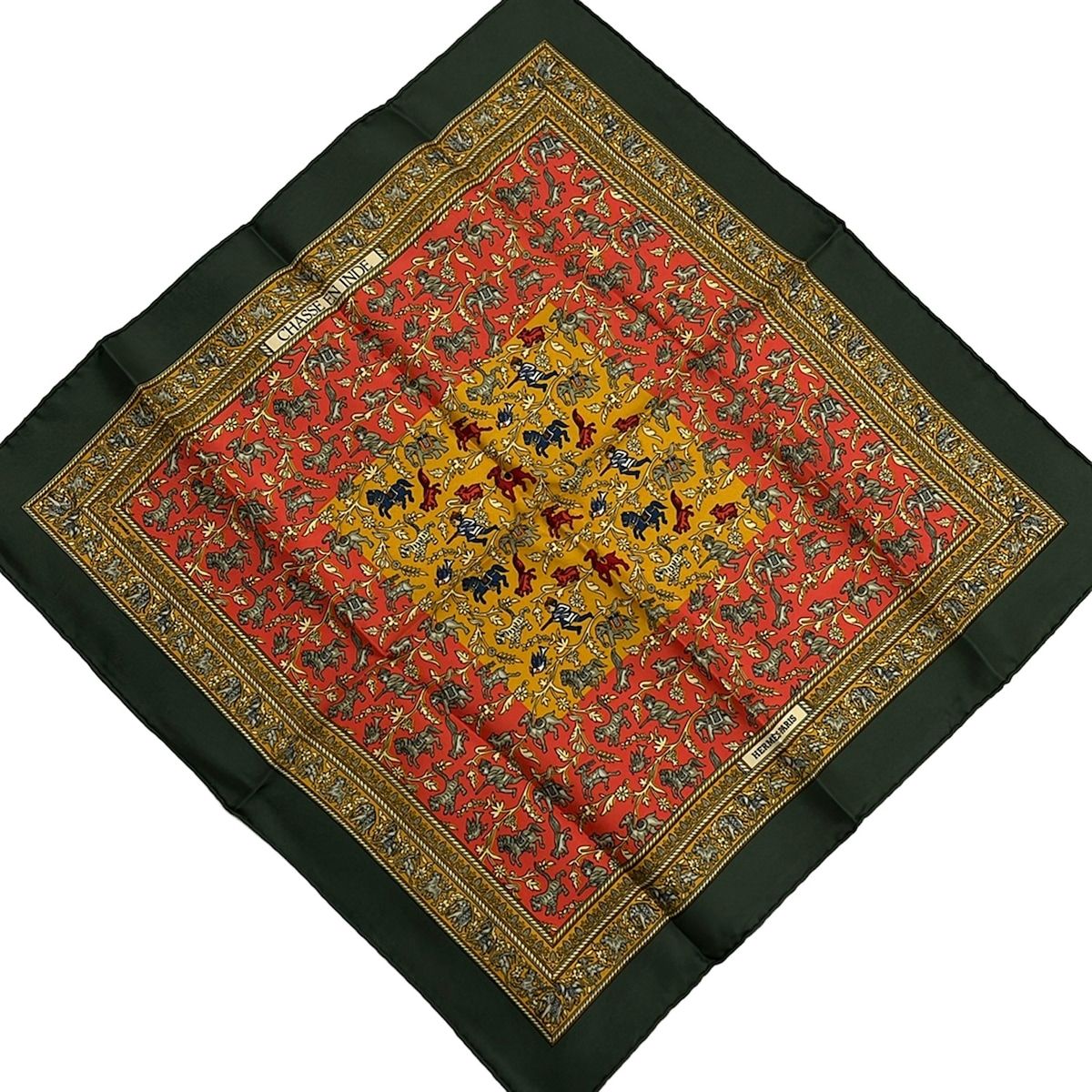 Hermes Scarf Petit Carre Red Khaki Multi Chasse en Inde