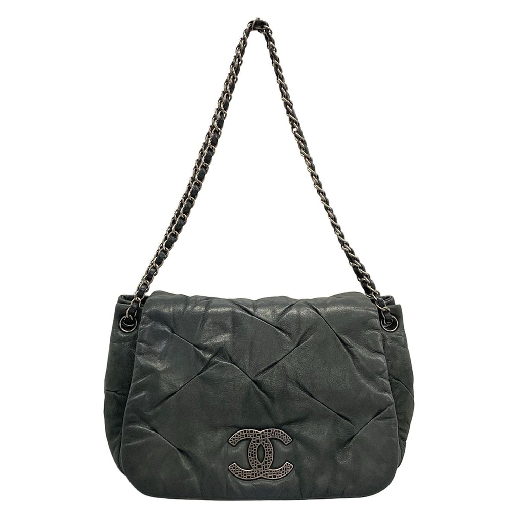 Chanel Shoulder Bag Dark Gray Chain Silver Leather