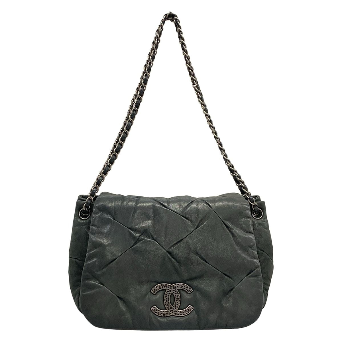 Chanel Shoulder Bag Dark Gray Chain Silver Leather