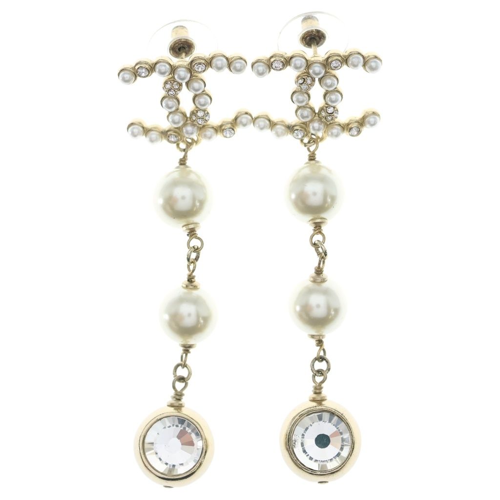 Chanel CC Logo Earrings Strass Chain Drop Pearl Crystal Line Gold