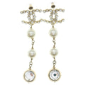 Chanel CC Logo Earrings Strass Chain Drop Pearl Crystal Line Gold