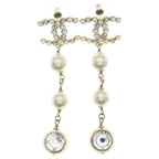Chanel CC Logo Earrings Strass Chain Drop Pearl Crystal Line Gold