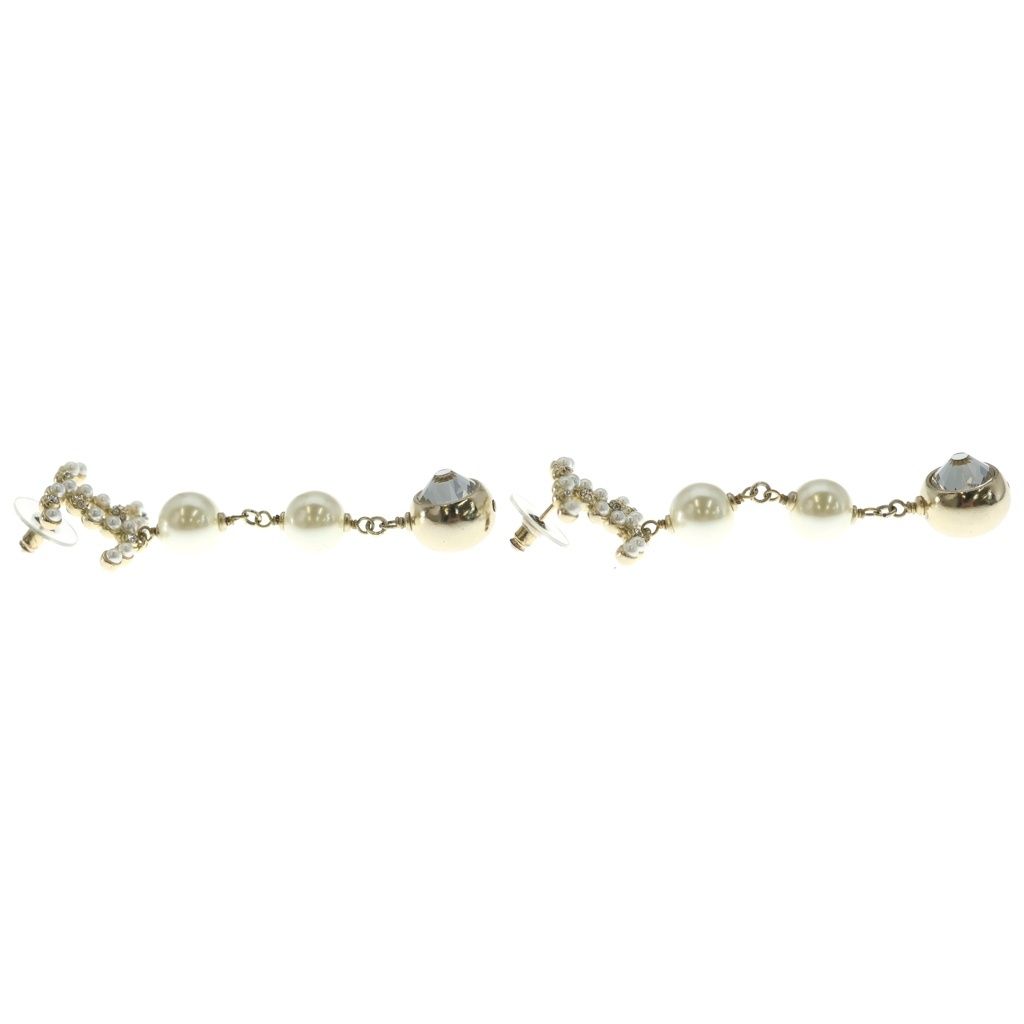 Chanel CC Logo Earrings Strass Chain Drop Pearl Crystal Line Gold — view 4