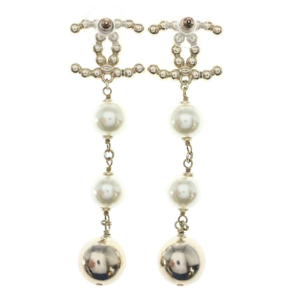 Chanel CC Logo Earrings Strass Chain Drop Pearl Crystal Line Gold — view 2
