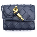 Bottega Veneta Intrecciato Andiamo Trifold Wallet Compact Zip Navy Leather