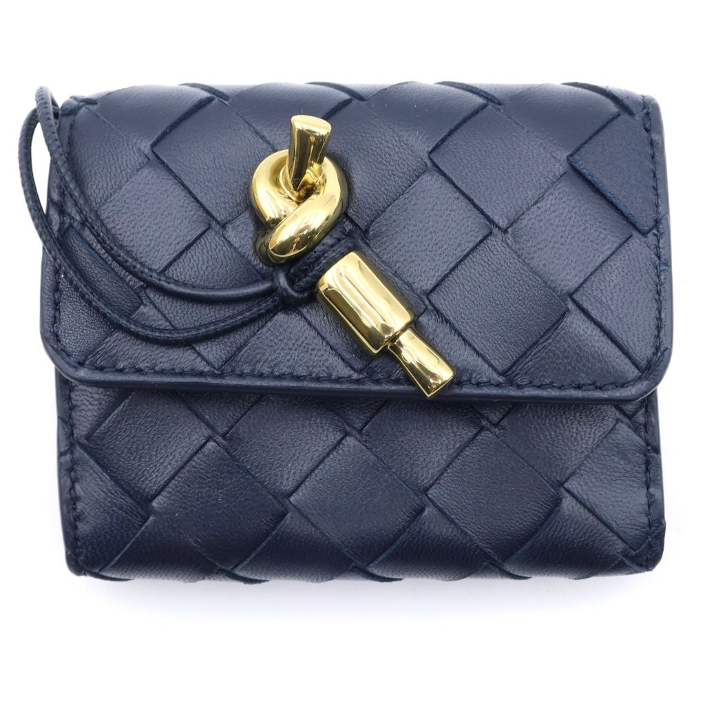 Bottega Veneta Intrecciato Andiamo Trifold Wallet Compact Zip Navy Leather